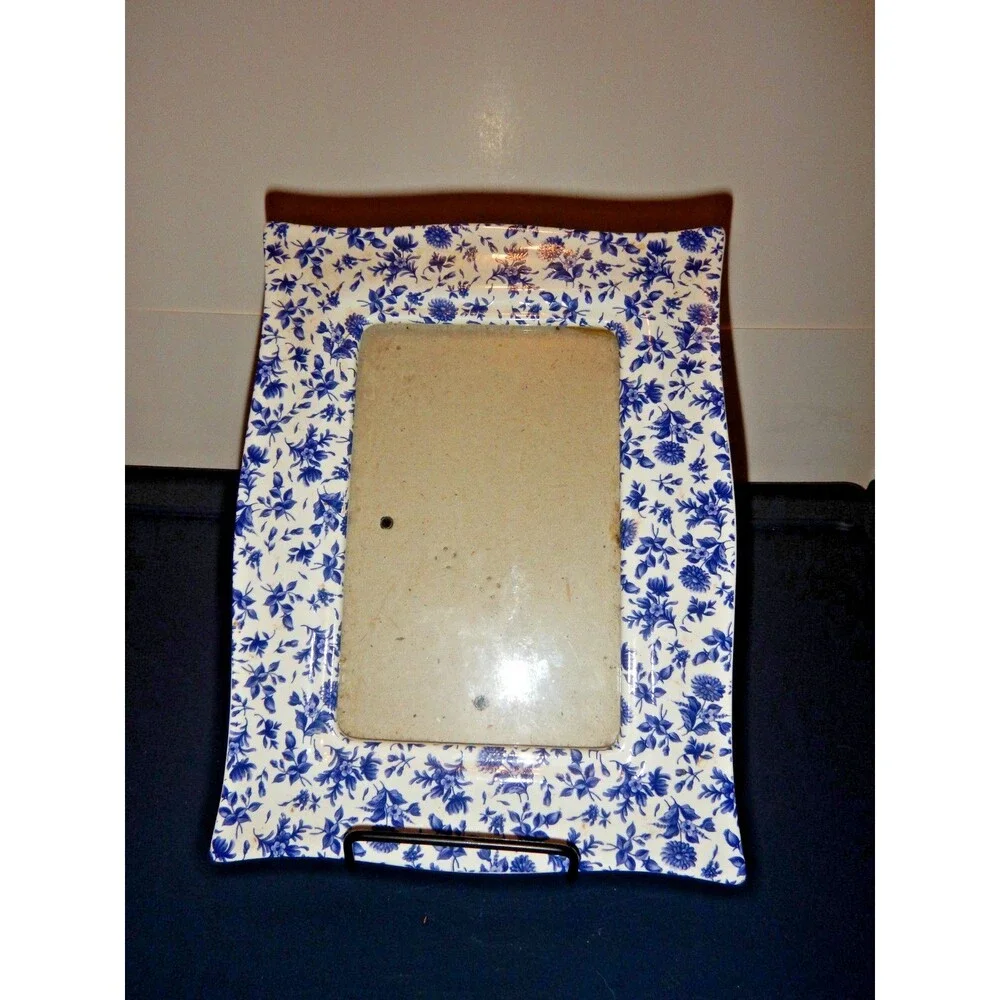 Vintage Blue White Chintz Floral Ceramic Picture Frame Easel Back Transferware